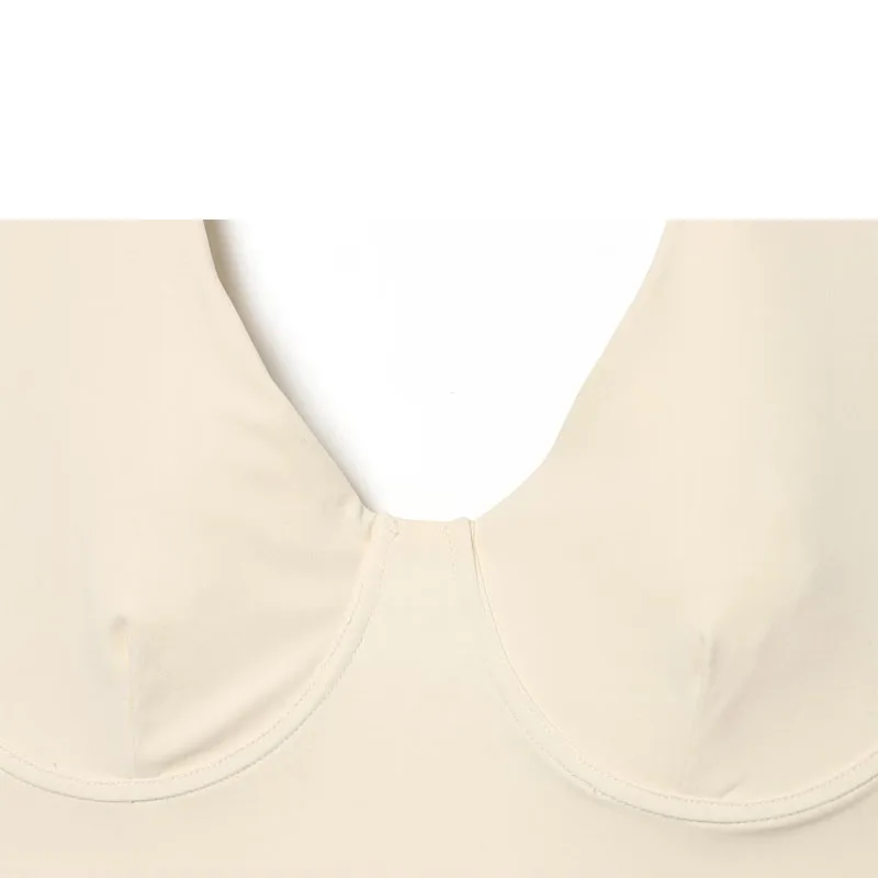 HXAO Halter-Top für Damen, Sommerliches Ärmelloses Crop-Top, Rückenfreies Bustier-Oberteil in Beige und Schwarz, Schulterfreies Korsett – Detail 6