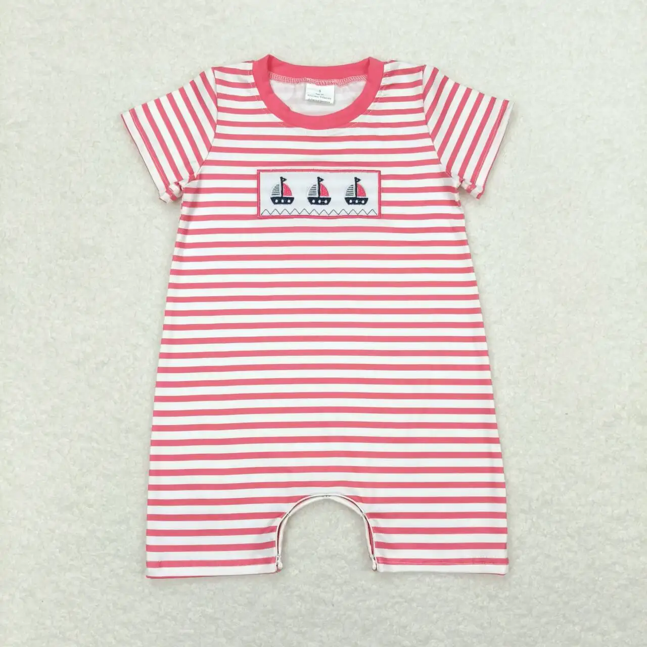 SR1028 Kids Baby Boy Clothes  Short Sleeves Top Embroidery Sailboat Red And White Stripes Print With Jumpsuit  Children Clothes