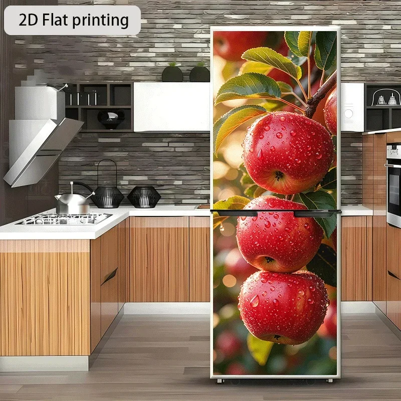 of 2D Flat Printed Refrigerator Sticker,, Featuring a Red Apple Hanging from a Branch, Designed for Wall Decoration. Self-Adhe