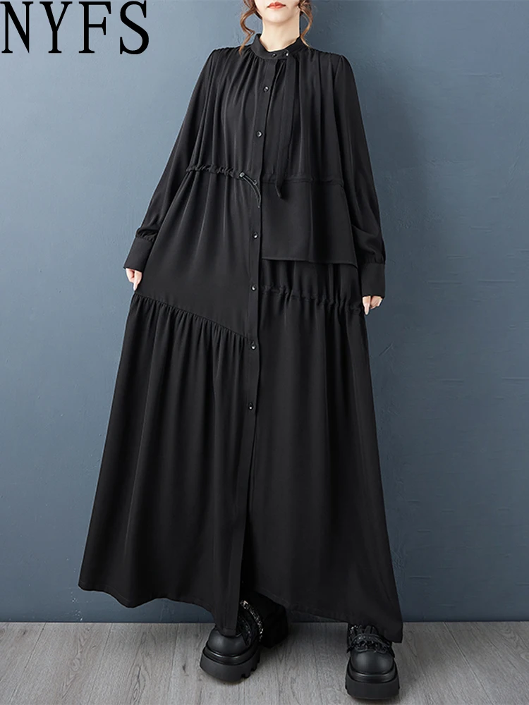 NYFS Lockeres, schwarzes Vintage-Hemdkleid in Übergröße, Herbst 2022, langärmelig, unregelmäßige Damenrobe