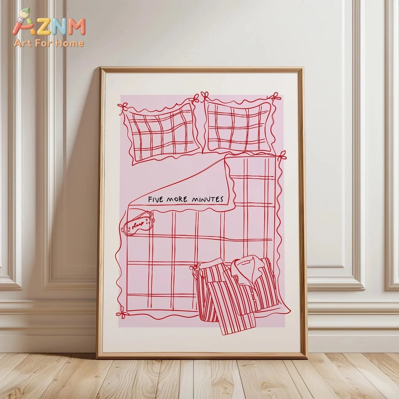 AZNM Five More Minutes Bed Pajamas Pink Line Art Bedroom Canvas Wall Art Print Decor