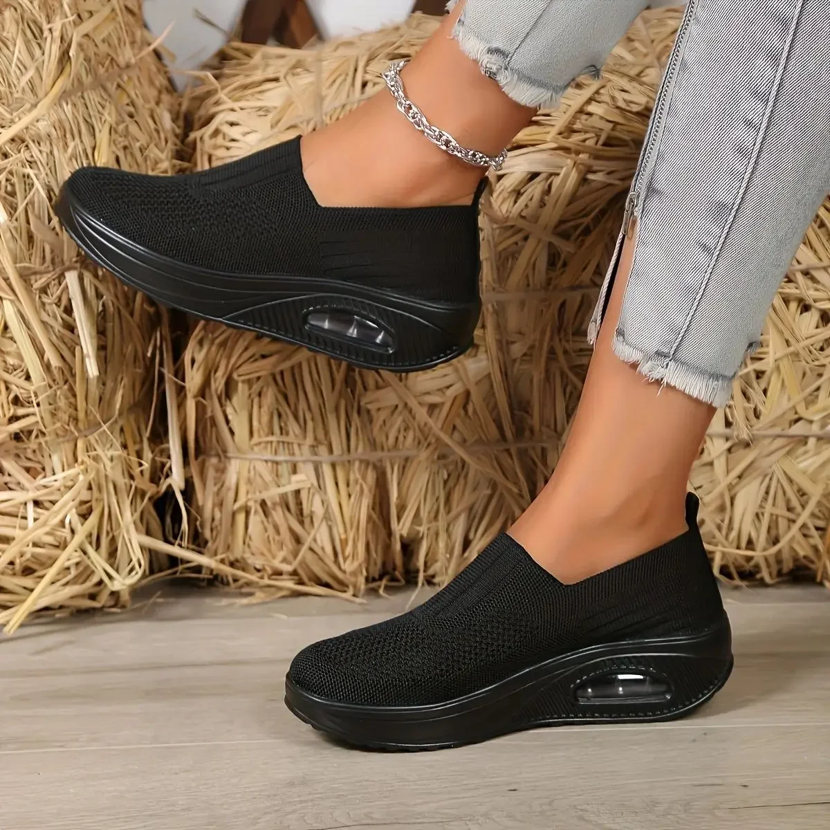 Women's Fashion Thick Sole Air Cushion Elevated Sloping Heel Rocking Shoes for Women Casual Sport Sock Sneakers Zapatillas Mujer