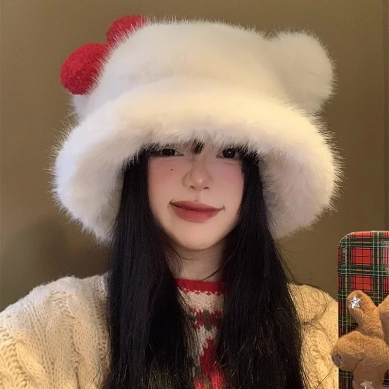 Sweet Bow Decorative Plush Bucket Hats Y2K Autumn and Winter Thickened Warm Versatile Personality Pullover Women\'s Caps