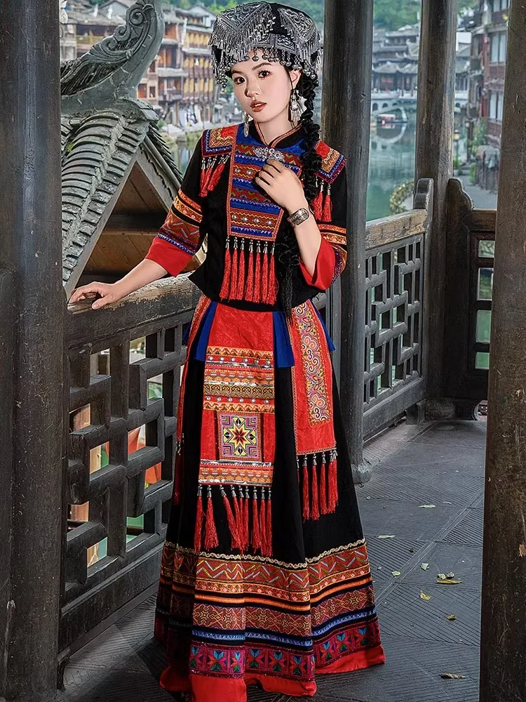 

Одежда яо в этническом стиле меньшинств, платье для взрослых, женское платье Мяо, деревня хмонг, костюм Мяо для девочек, стильный костюм для фото