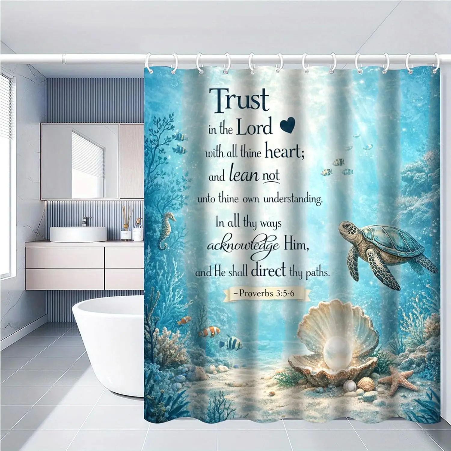 Sea Turtle Shower Curtain Ocean Bible Verse Christian Scripture Quotes Shower Curtains with Hooks Bathroom Decor