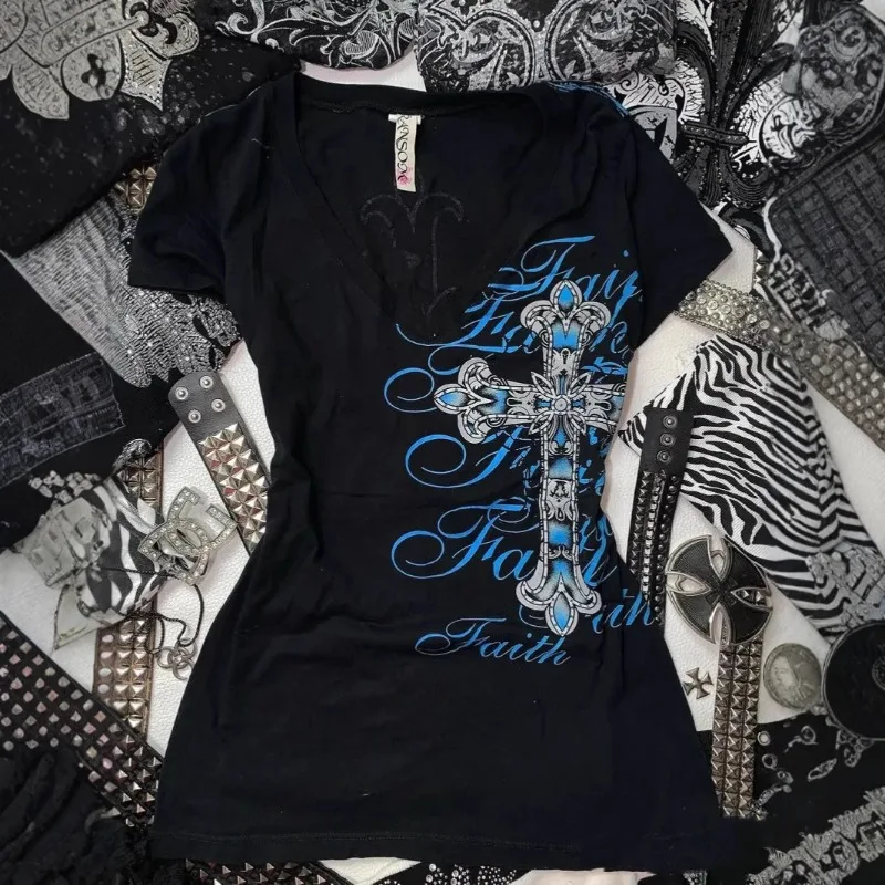 

American Vintage Blue Printed Cross T-shirts Y2k Sexy Slim Waist Top for Women 2025 Summer New Short Sleeve Tee Shirt