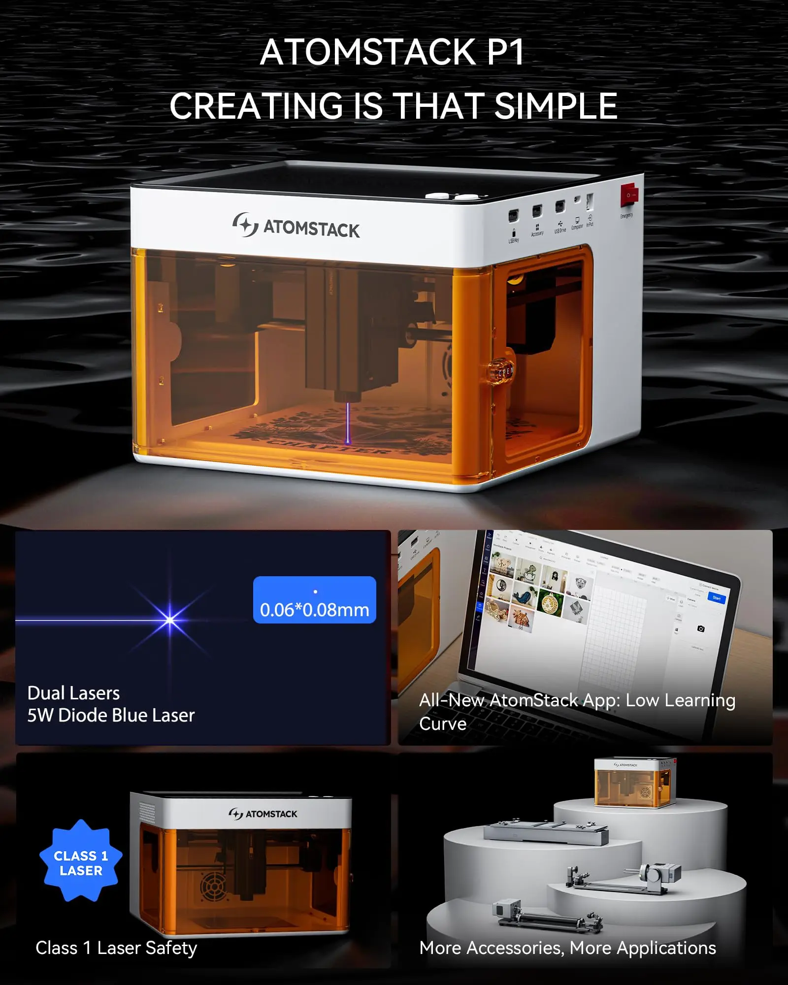 Atomstack P1 Laser Engraving Machine 5W With R8 Pro Laser Rotary Roller  Portable Desktop DlY Mini Engraver Printer for Bottles