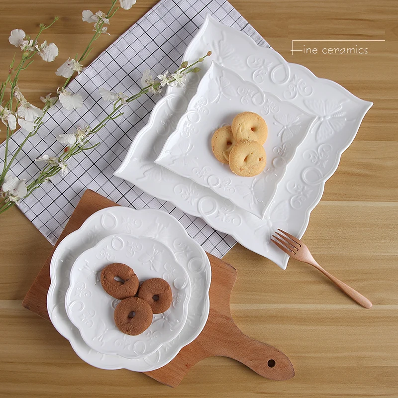 

Набор из 3 предметов, 6 + 8*10 дюймов, белые тисненные фарфоровые свадебные наборы посуды для шведского стола, дизайн, Серvies Borden, наборы кухонных тарелок