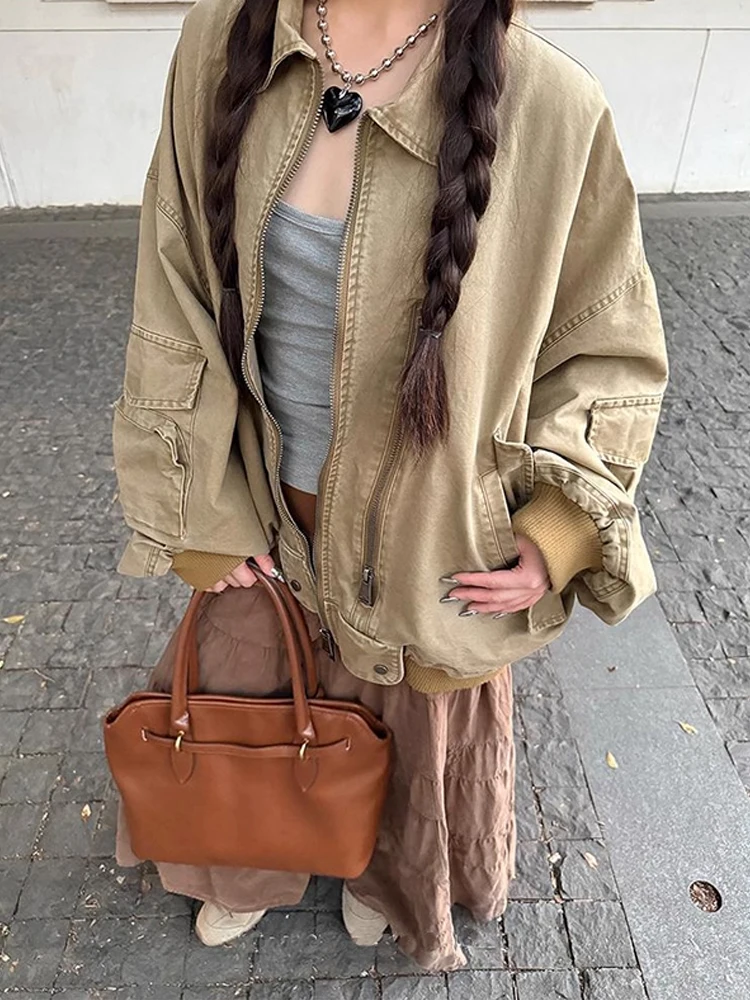 

American Sle Heavyweight Barn Wind Jaet Loose Casual ex Autumn Vintage Outerwear Zipper Decorated Non-iron Treaent