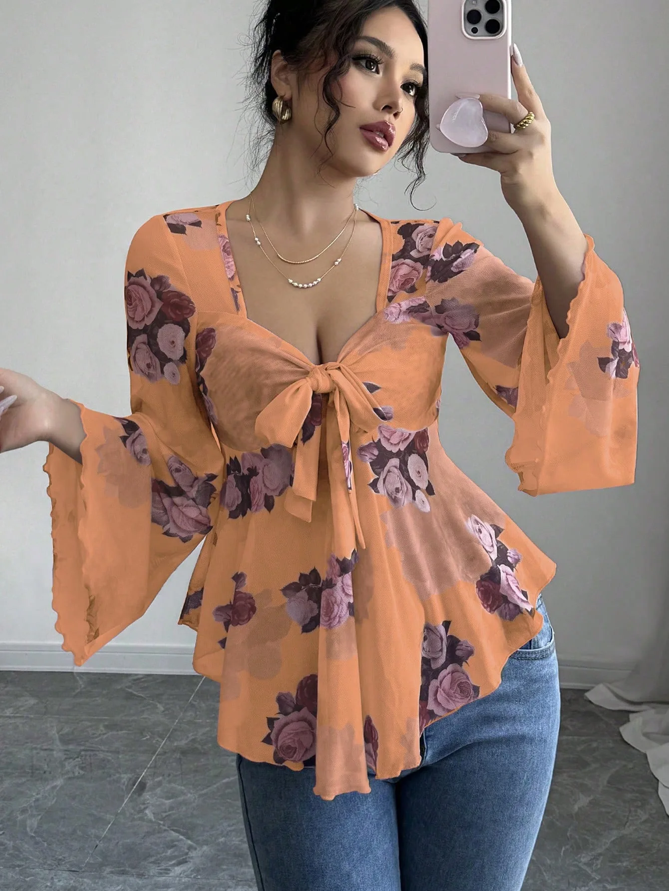 Casual Loose Print Clothes Elegant Chiffon Splicing Blouse Women Tops Summer Lace-up Square Collar Long Sleeve Shirt New Blusas