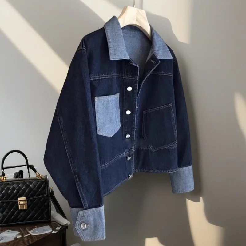 

Джинсовая куртка Laid-ba Color Blo ort для женщин, осенняя, маленького размера, с высокой талией, в корейском стиле, для повседневной носки, свободного кроя, с воротником