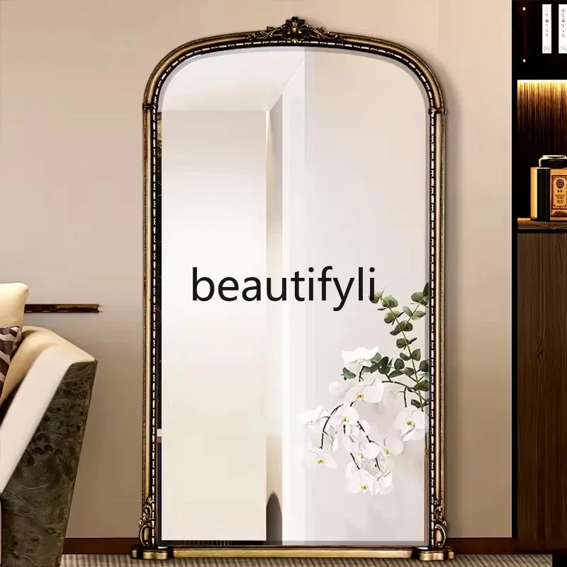 

American floor-to-ceiling mirror high-end bedroom against the wall, home fitting mirror,French solid wood retro full-body mirror