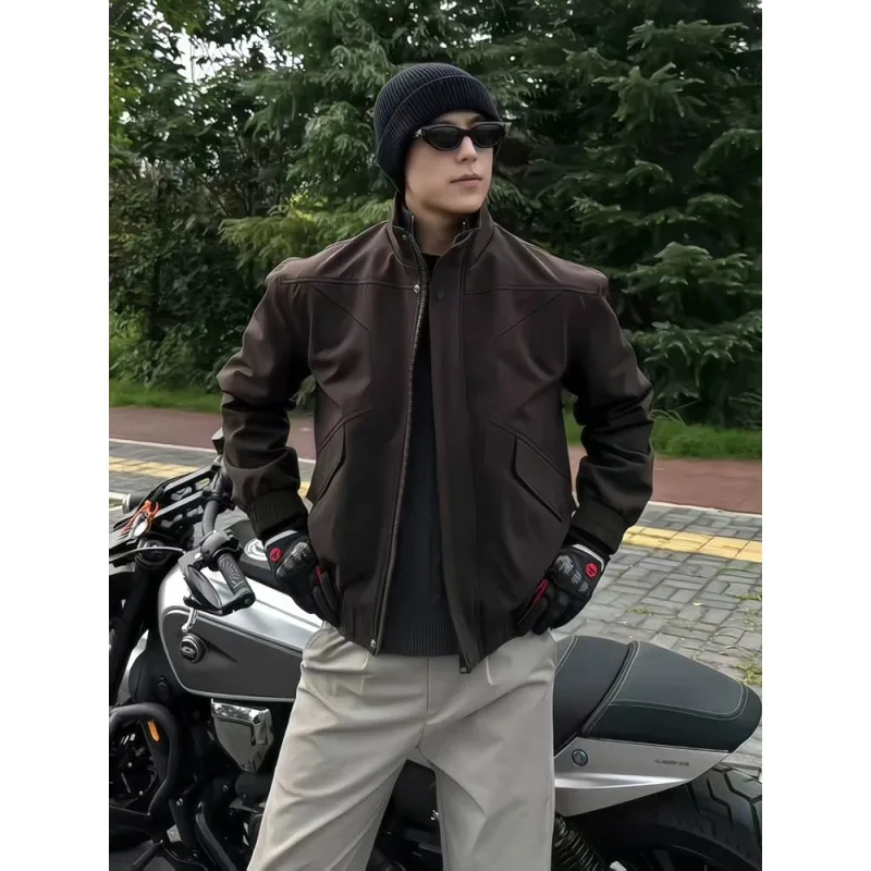 

Новинка 2025, осенняя мужская винтажная коричневая куртка с воротником-стойкой, мужская повседневная верхняя одежда в стиле ретро в байкерском стиле, уличная модная куртка