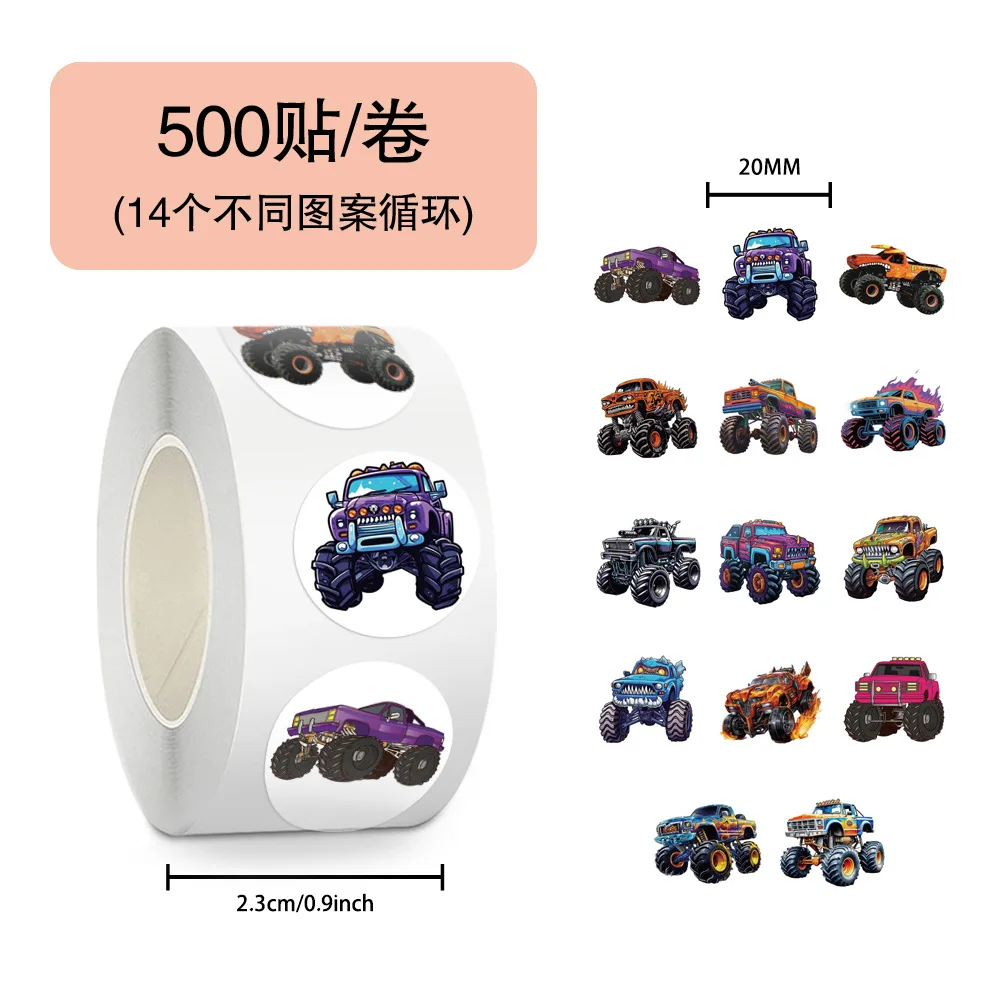 500 Stück/Rolle Niedliche Monster-Truck-Aufkleber DIY Renn-Dekoration Schreibwaren Kühlschrank Wasserdichte Aufkleber Kindergeschenke