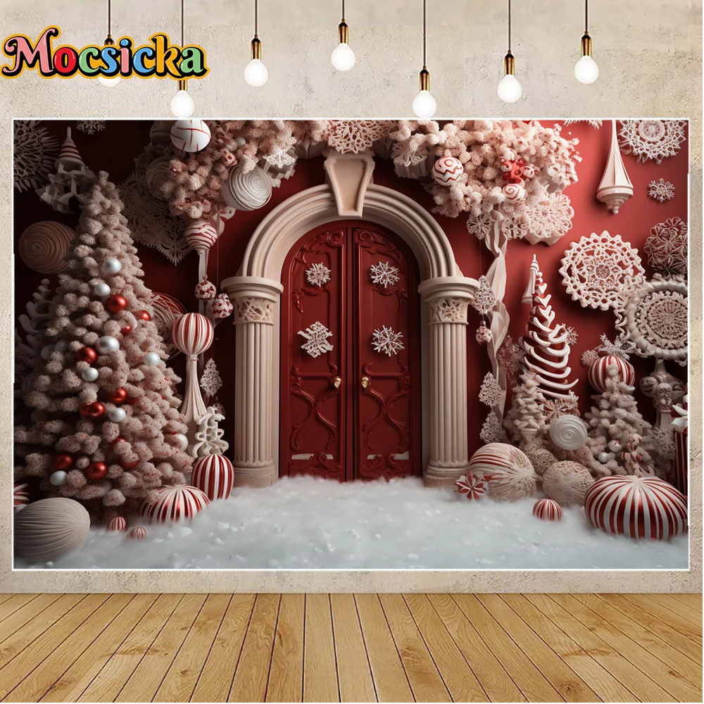 Mocsicka พื้นหลังสำหรับฤดูหนาวสำหรับถ่ายภาพคริสมาสต์ประตูลูกอมสีแดงต้นไม้คริสต์มาสวันหยุดงานปาร์ตี้ครอบครัวถ่ายภาพฉากหลังสตูดิโอ