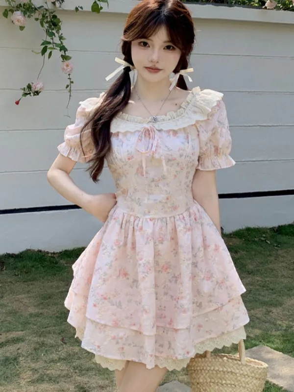 

plus Size Floral Lace Trim Bubble Sleeve Square Collar Slimming Waist Long Dress Korean Style Commute Wind A-Line Skirt