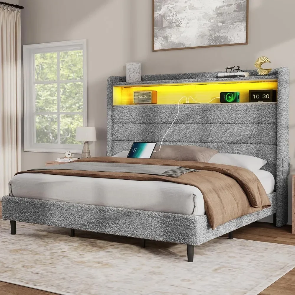 

King Bed Frame with LED Lights Charging Station Tall Headboard Upholstered Platform Bed Wingback, No Box Spring NeededLM