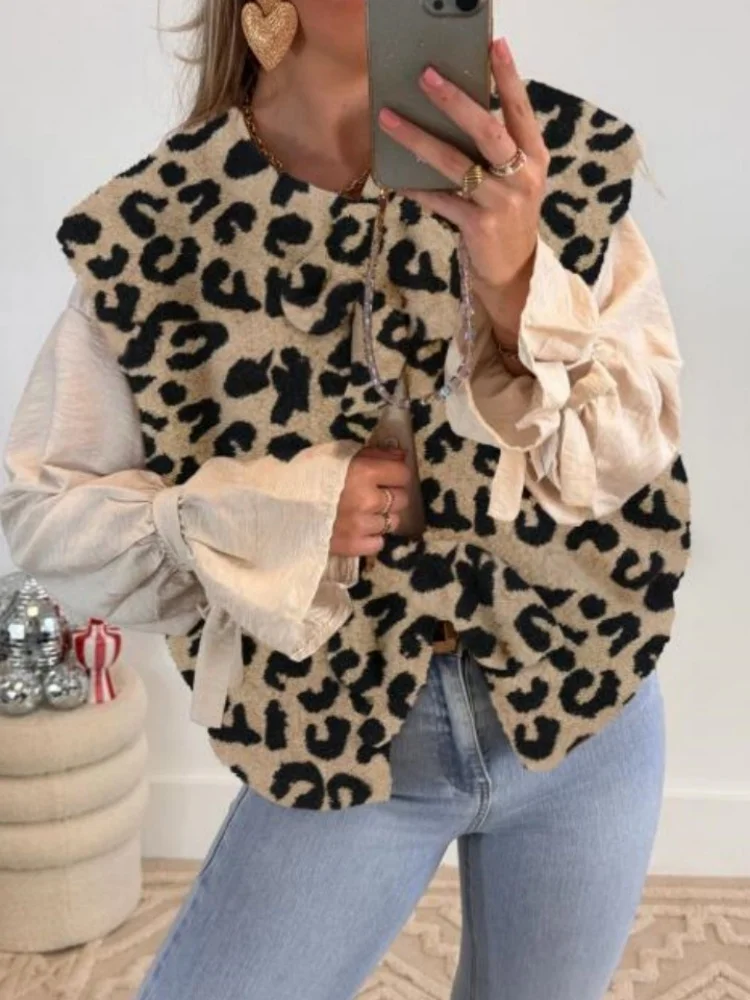 2024 Autumn/Winter Women\'s Fashion Simple Daily Commuting Leisure Leopard Pattern Plush Vest