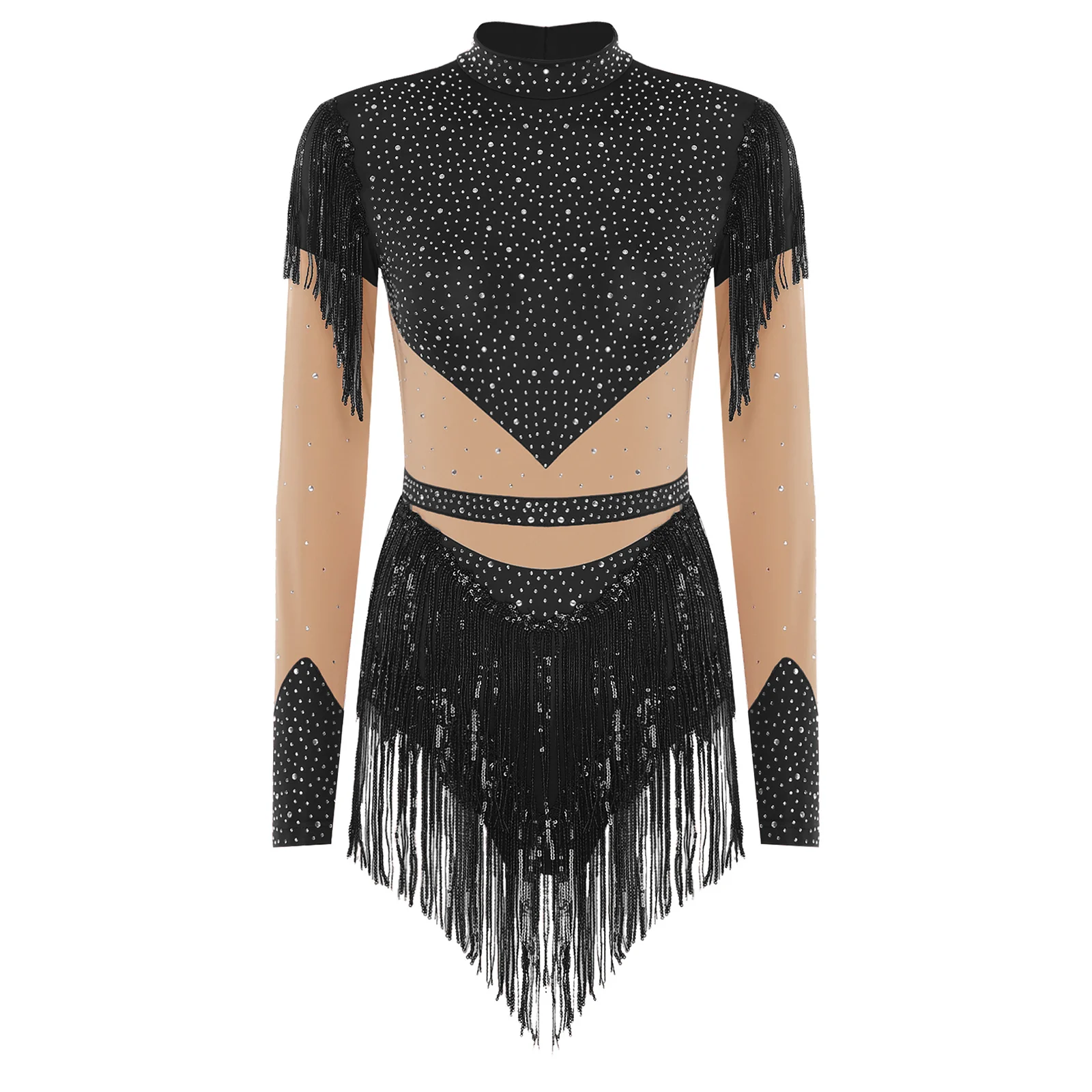 여성용 라틴 차차 댄스 바디수트 라인스톤 스팽글 태슬 긴 소매 대비 색상 레오타드 드레스 피겨 스케이팅 댄스웨어