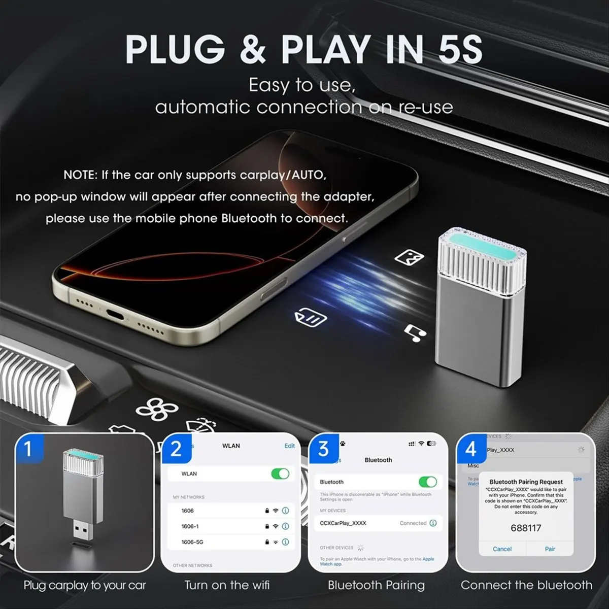 محول Carplay اللاسلكي الجديد + Mini لـ IOS وAndroid Auto، سلكي إلى دونجل صغير لاسلكي، محول سيارة بلوتوث