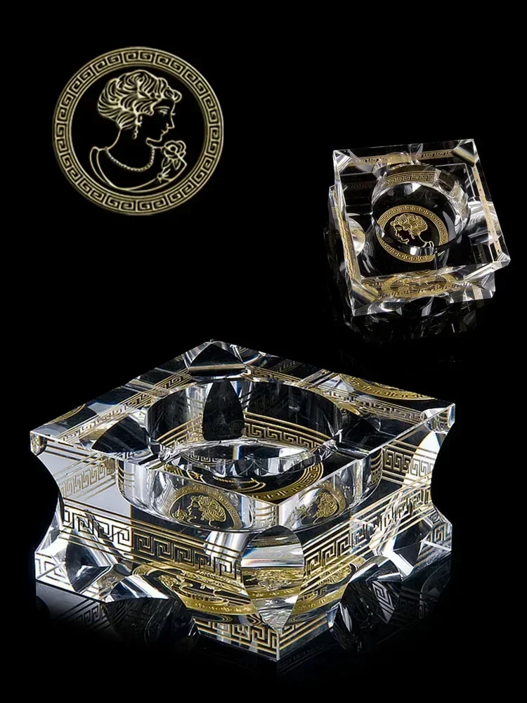 Crystal glass hand-gilt square size ashtray European-style crystal cigarette dish office living room decoration