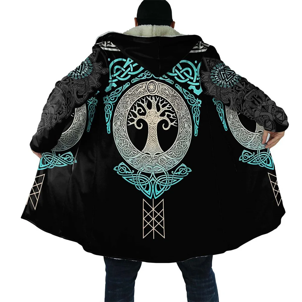 CLOOCL Thick Warm Hooded Cloak for Men Tattoo Symbol Pattern Armor Overcoat Coat 3D Print Windproof Fleece Cape Hooded Blanket