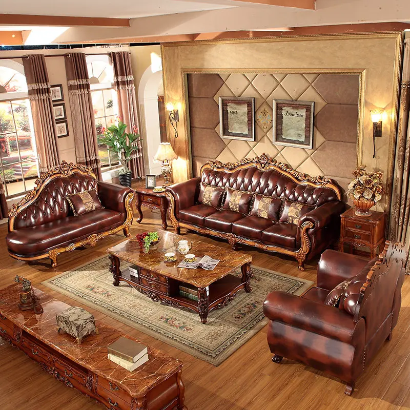 

European leather sofa combination solid wood carving flower dark antique 1234U type combination classical apartment living