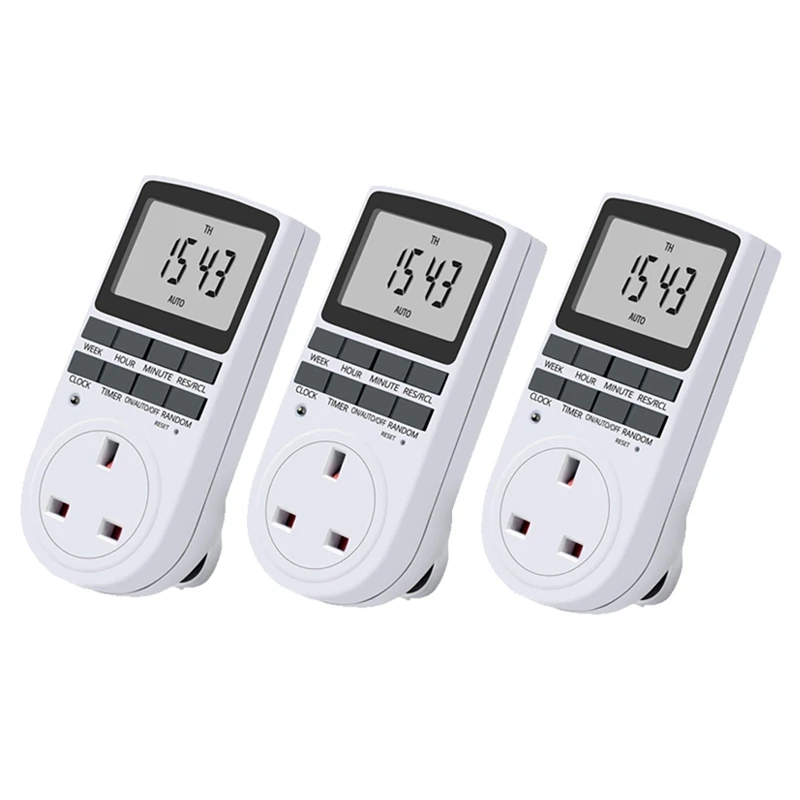 3X Uk Plug Digital Timer Plug Socket, Electrical Programmable Plug In Timer Switch For Light, B And More, 13A/2900W Max