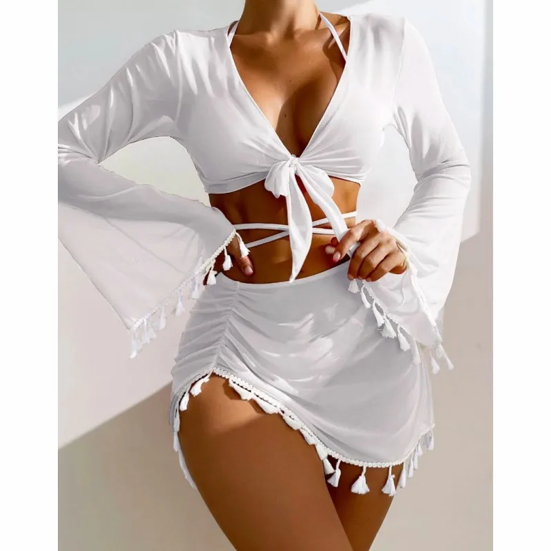 Swimming Suit Women Beach Wear Solid Beach Suit Tassel Cover Up Mesh Short Skirt Bikini Cute Swimming Pool Outfit Spring Summer