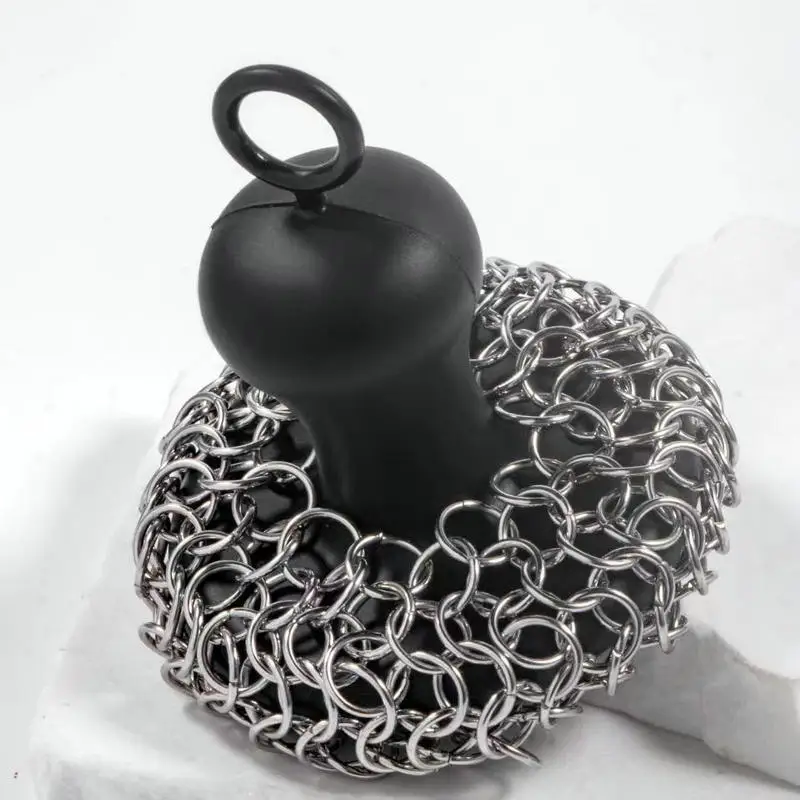 1pc Cast Iron Scrubber Pan Scraper Chainmail Scrubber With Silicone Handle Easy To Use Dishwasher Safe Cleaning Tools