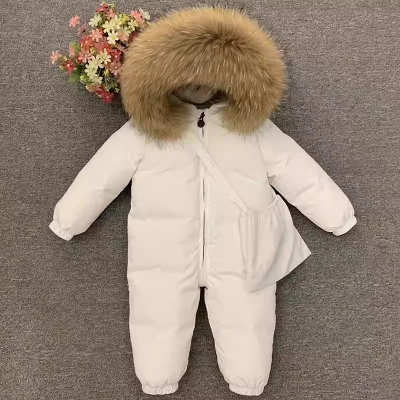 Baby Shiny Silver Winter Snowsuit Big Faux Fur Hood Fleece Lined One Piece Jumpsuit Toddler Warm Snow Romper With Bag A4760