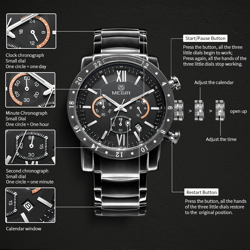MEGIR Stainless Steel Casual Watches for Men Waterproof Luminous Dial Man Quartz Business Wristwatch with Chronograph Auto Date view 6