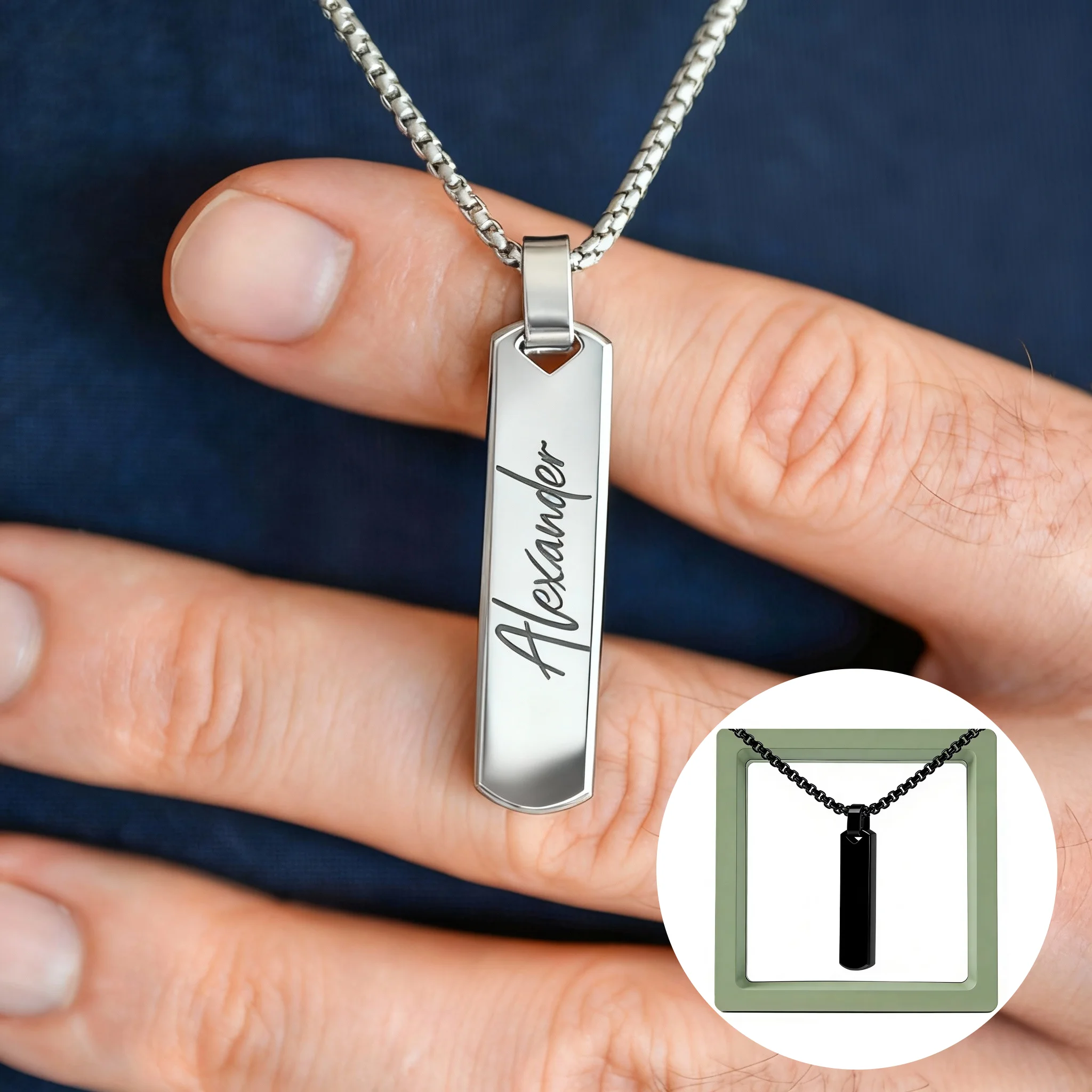 

Free Engraving Necklaces for Men, Bold Stainless Steel Vertical Bar Geometric Pendant Box Chain, Custom Gift to Dad Husband BF