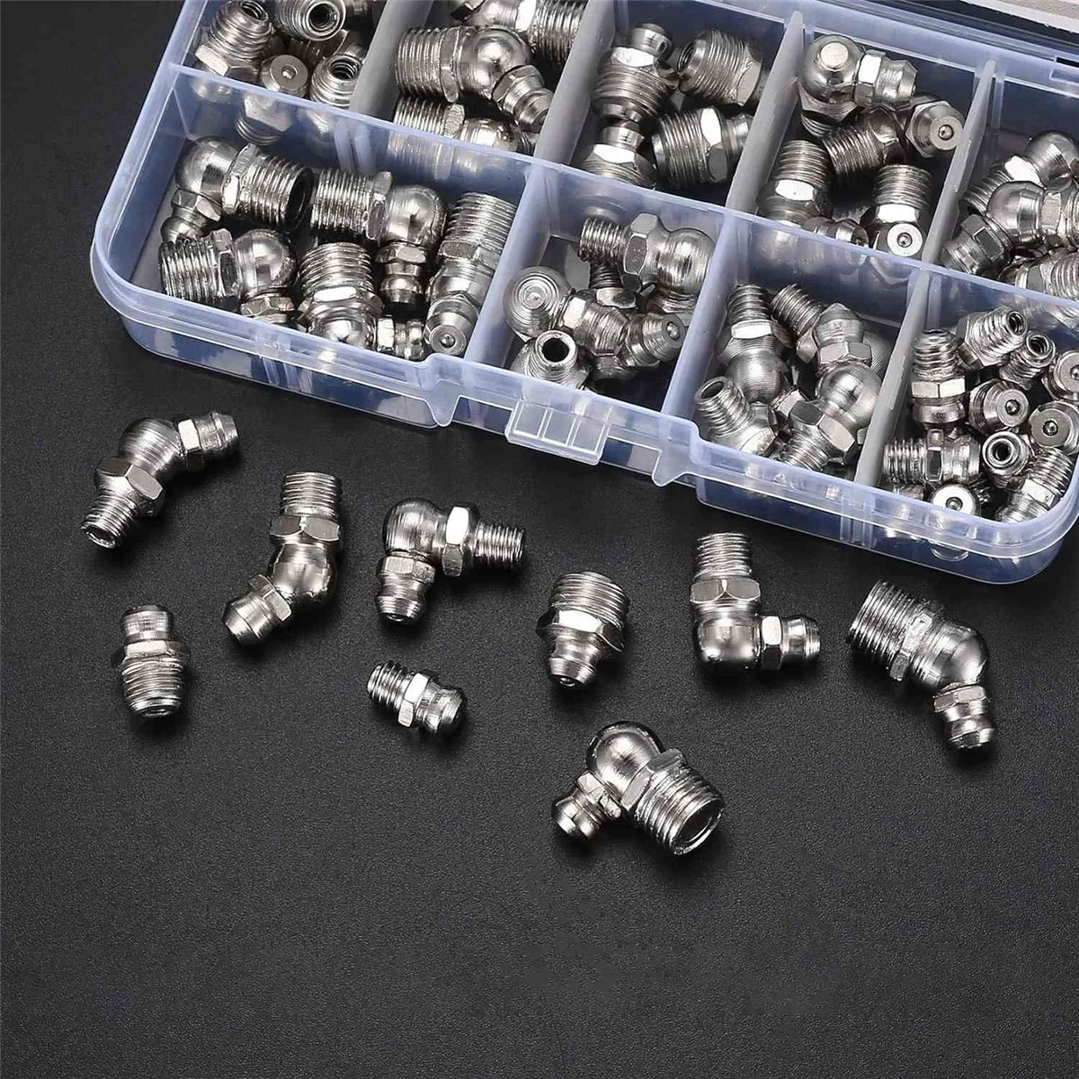 60Pcs Metric Grease Fittings Kit, M6 M8 M10 45 90 Degree Hydraulic Grease Zerk Assortment for Angled Grease Mechanical