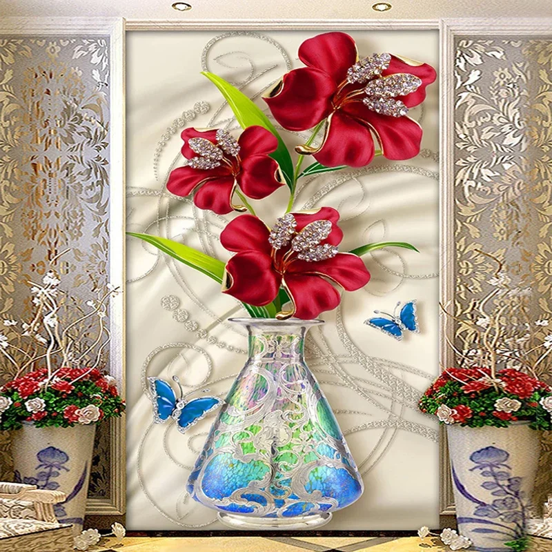 

Custom Mural Wallpaper 3D Stereoscopic Relief Red Flower Jewelry Vase Living Room Entrance Corridor Photo Wall Papers Home Decor