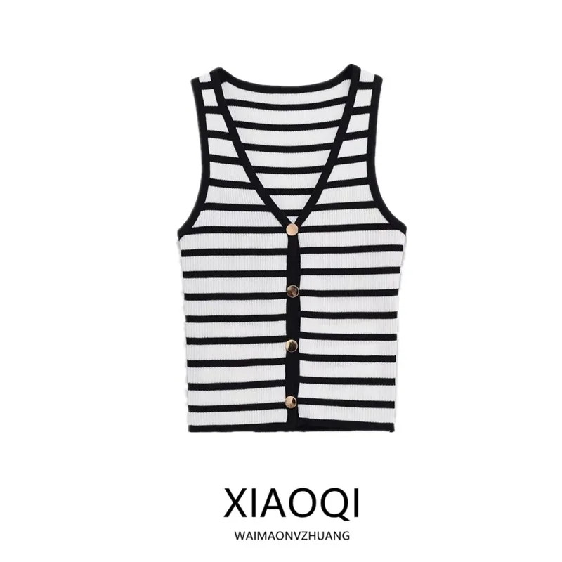 

2025 Autumn New Women's Knitted V-neck Buttonless Sleeveless Vest Striped Commute Style Short Length Open Cardigan