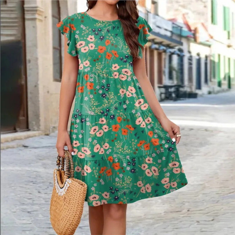 Nowa damska sukienka do kolan z kwiatowym nadrukiem 2023 Summer Fashion Round Neck Flying Short Sleeves Casual Versatile Streetwear Dress