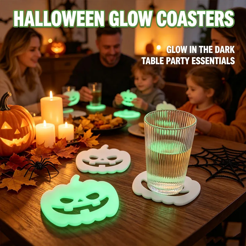 Halloween Glowing Coasters with Pumpkin Spider Web Auto-Light Absorbing Fluorescent Silicone PVC Mats Party Table Home Decor Fun