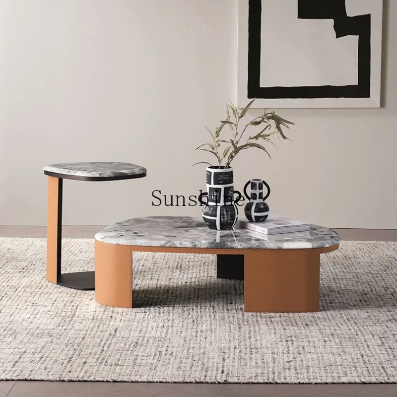 Italian saddle leather coffee table modern simple living room marble edge table