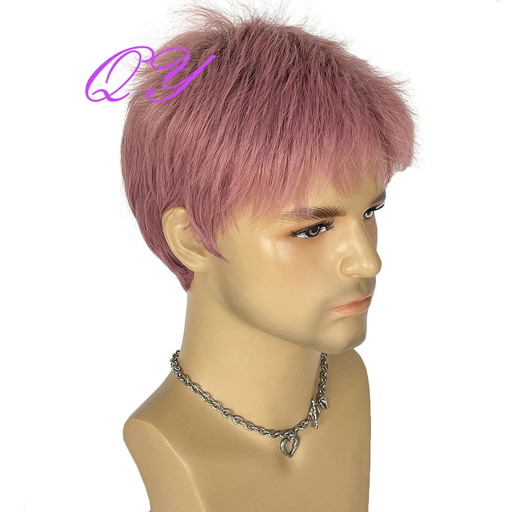 Synthetic Men Wig Short Pink Natural Straight With Bangs Cosplay Or Party Good Quality Adjustable Size Man Hair