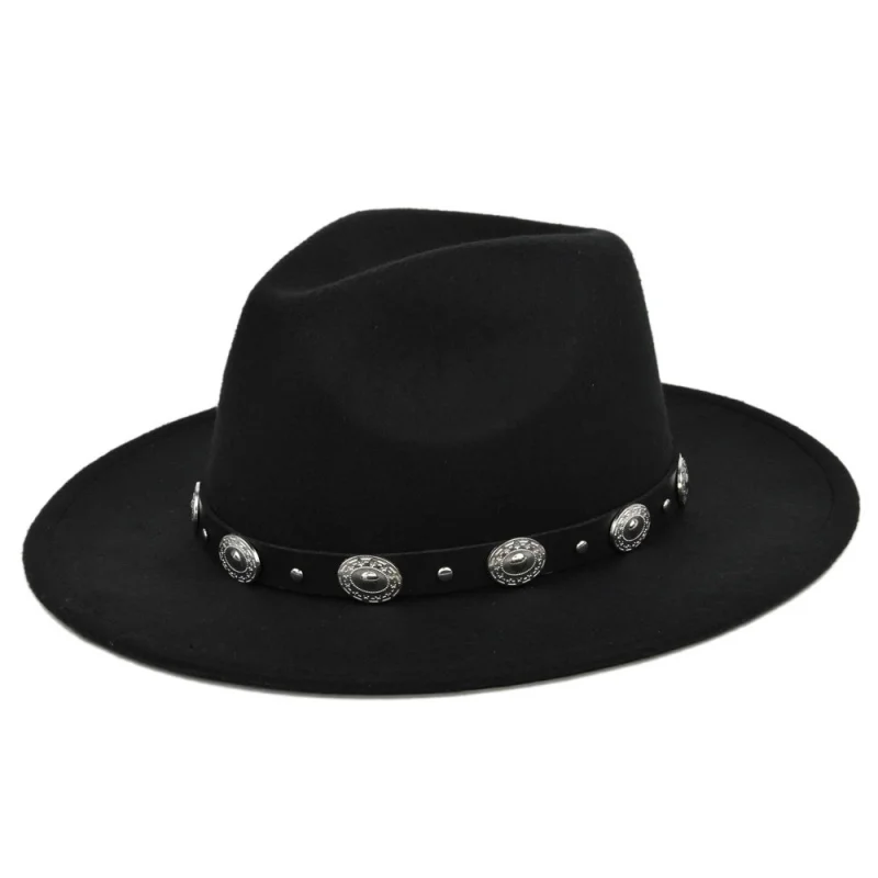 Amazon AliExpress European And American Ethnic Style Fedora Metal Accessories Woolen Vintage Black Top Hat