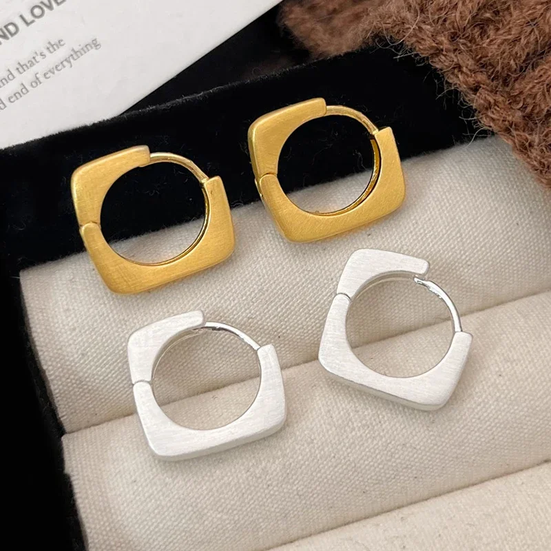 Geometric 925 Sterling Silver Wire Drawing Square Hoop Earring for Women Minimalist Vintage Fine Jewelry Personality Accessories