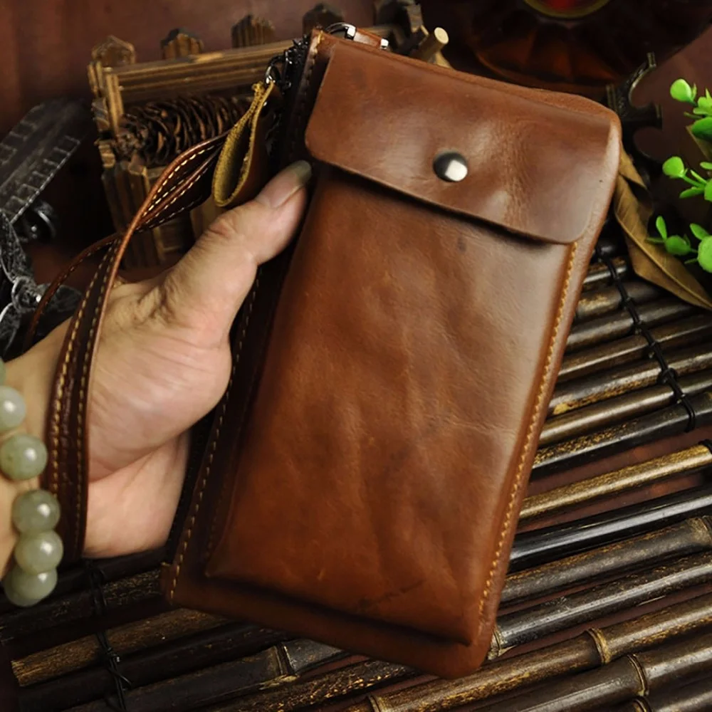 Men Oil Wax Cowhide Cell Phone Case Wallet Money Handy Bags Famous Brand Cards Purse High Quality Genuine Leather Clutch Bag