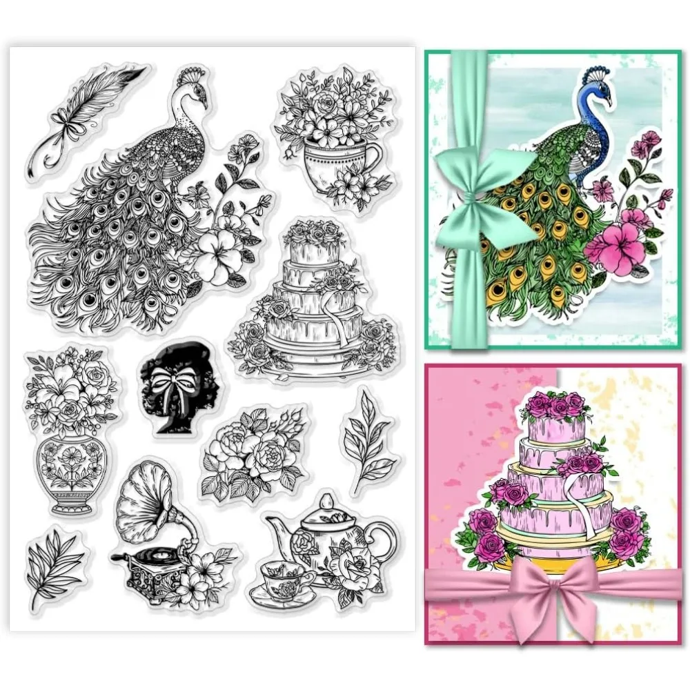 Retro Peacock Clear Stamp, Birthday Cake Silicone Stamp Vintage Tea Set Vase Rubber Stamp Transparent Rubber Stamp for