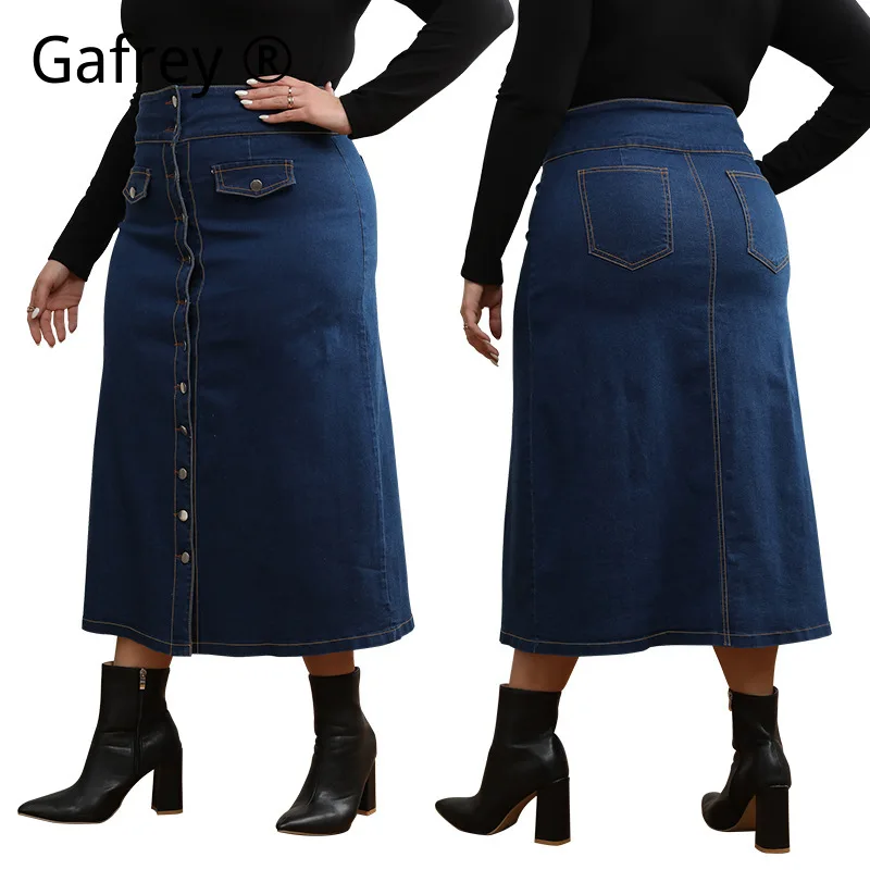 Plus Size High Waist Button Front Denim Jean Skirt Decorative Pocket Casual Loose Fit A Line Midi Oversize Jean Skirt 2026 New view 4