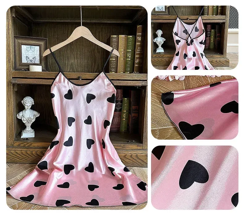 

Women Satin Nightgown Sleepwear Full Slip Dress Lingerie Dress Sleepshirts Silk Love Print Mini Slip Chemise Nightdress S-XL