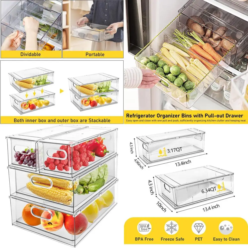 

Stackable Clear Fridge Drawers Organizers - 4 Pack (2 Large, 2 Small) for Kitchen Pantry, Fruits & Vegetable Storage