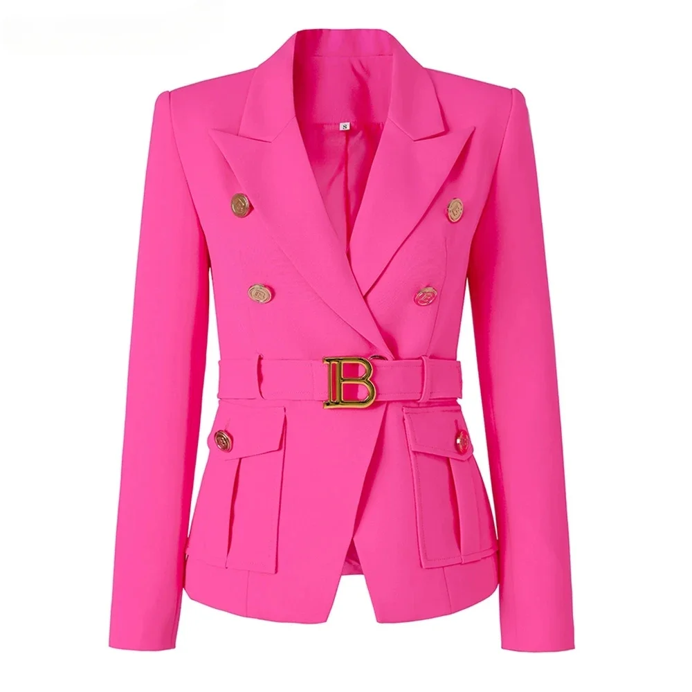 2024 New Bright Fluorescence Color Euro-american Stylish High Street Women Belt Pockets Fitness Elegant Lady Gorgeous Blazer