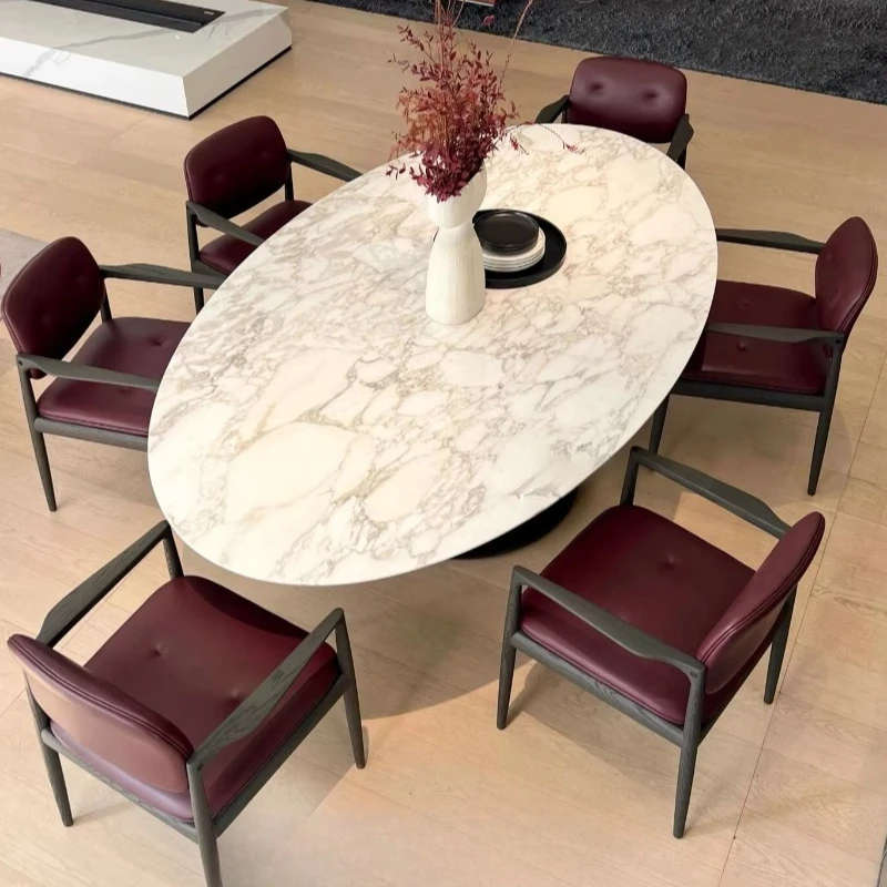 Italian minimalist natural, luxury stone marble dining table and chairs small apartment oval modern minimalist designer