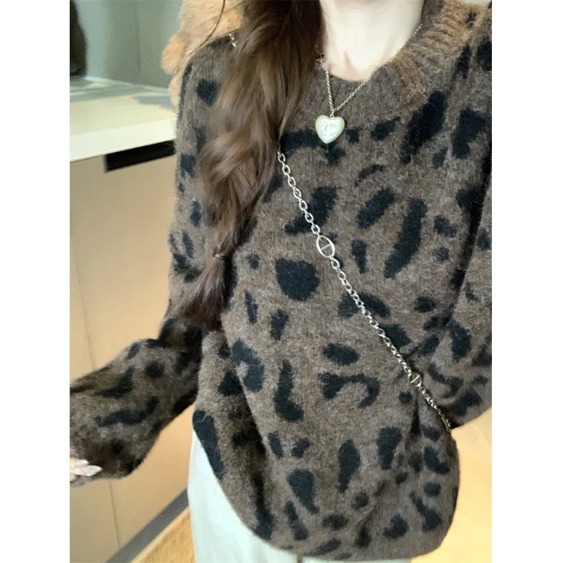 

Autumn Winter New Sle Warm round Ne Leopard Print Women's Loose Slimming Knitted Sweater Comfortable Polyester Blend Long...